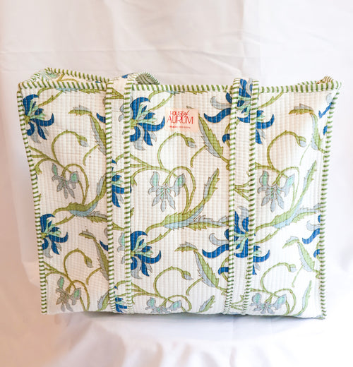 Cotton Quilted Tote- Green Floral