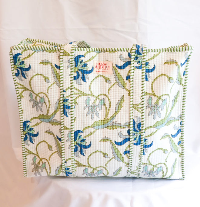 Cotton Quilted Tote- Green Floral