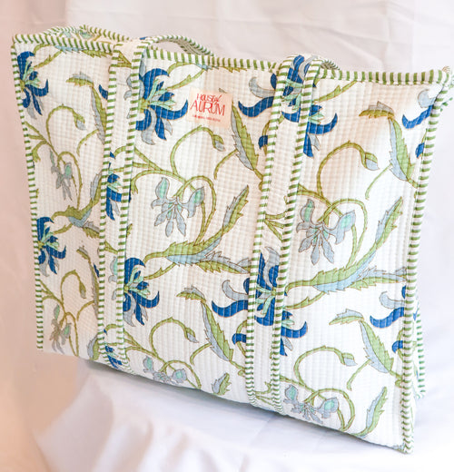 Cotton Quilted Tote- Green Floral