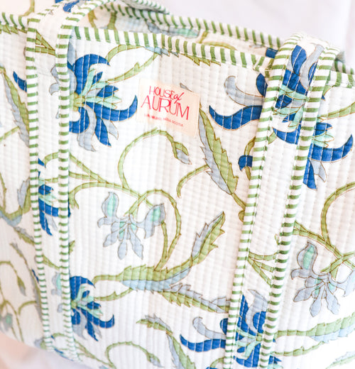 Cotton Quilted Tote- Green Floral