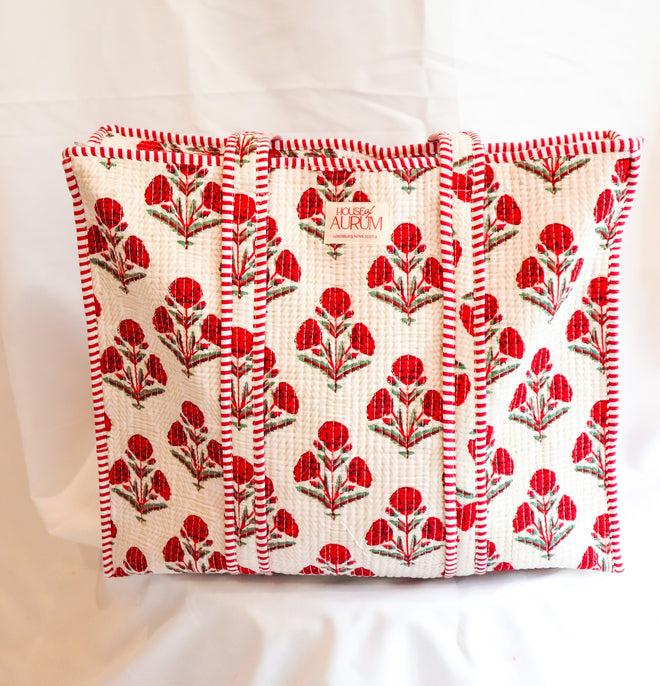 Cotton Quilted Tote- Red Hydrangea