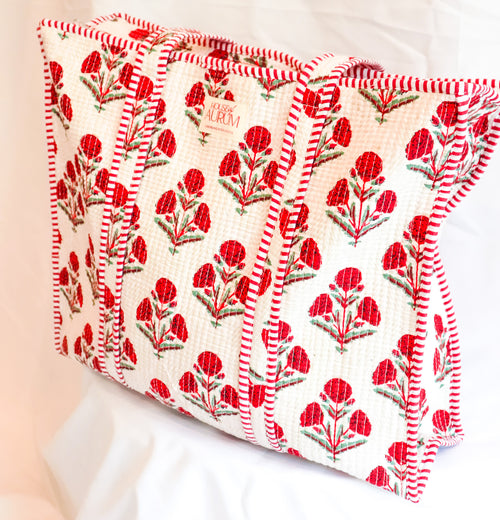 Cotton Quilted Tote- Red Hydrangea