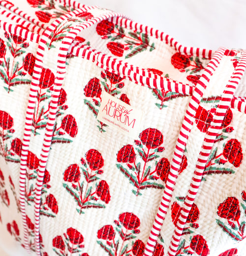 Cotton Quilted Tote- Red Hydrangea