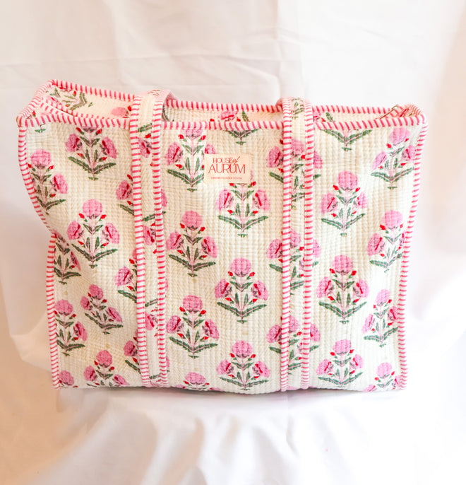 Cotton Quilted Tote- Pink Hydrangea