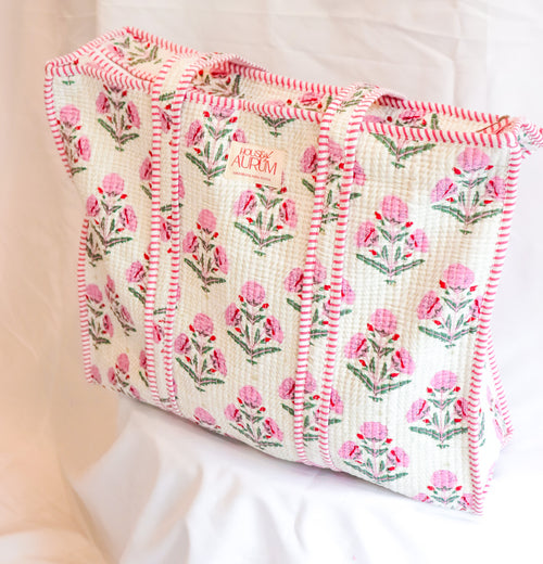 Cotton Quilted Tote- Pink Hydrangea