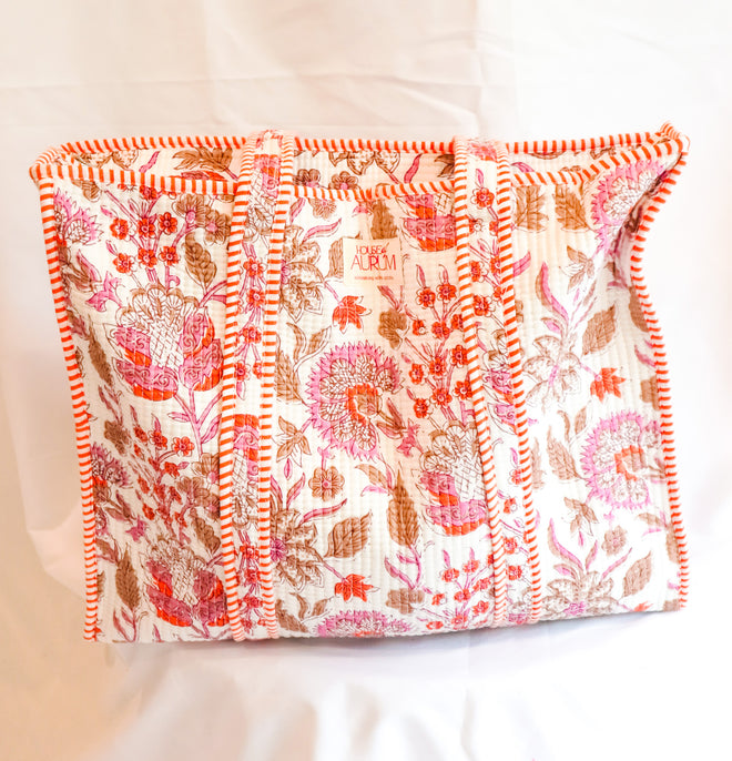 Cotton Quilted Tote- Peach Floral