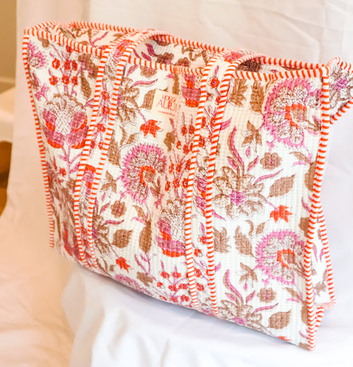 Cotton Quilted Tote- Peach Floral