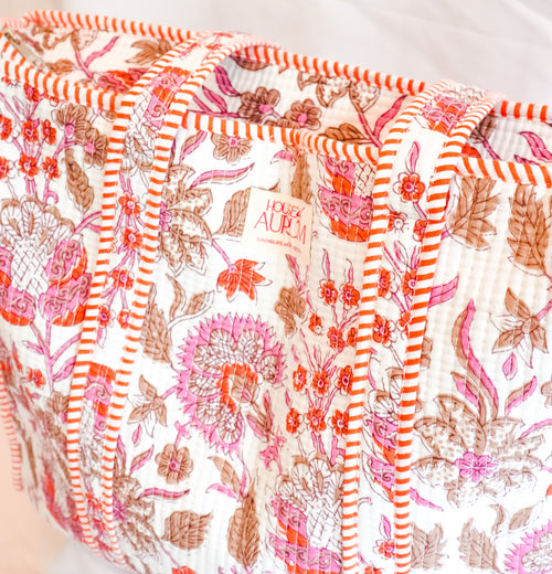 Cotton Quilted Tote- Peach Floral