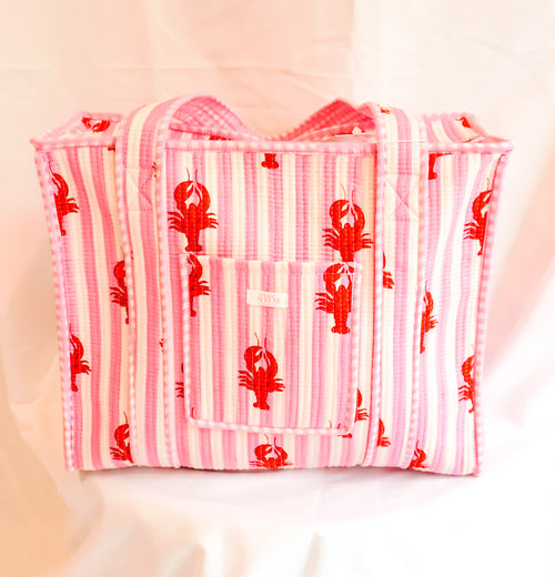 Cotton Quilted Tote- Pink Lobster