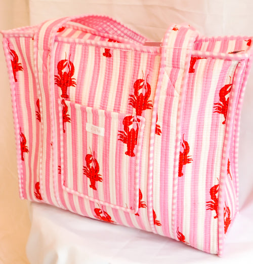 Cotton Quilted Tote- Pink Lobster