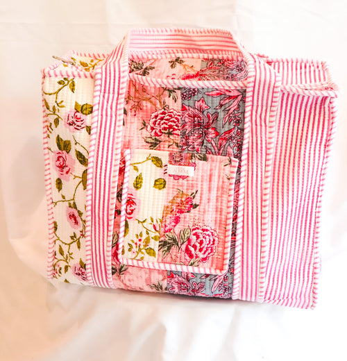 Cotton Quilted Tote- Pink Patchwork