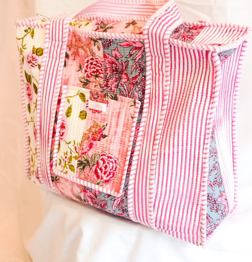 Cotton Quilted Tote- Pink Patchwork