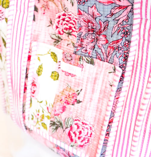 Cotton Quilted Tote- Pink Patchwork