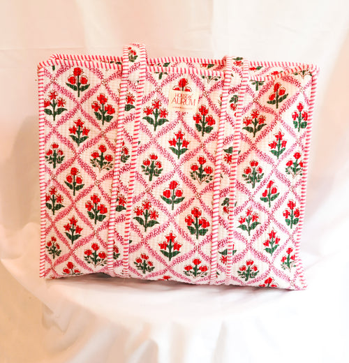 Cotton Quilted Tote- Pink Floral Mosaic