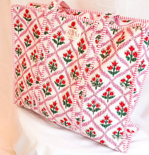 Cotton Quilted Tote- Pink Floral Mosaic