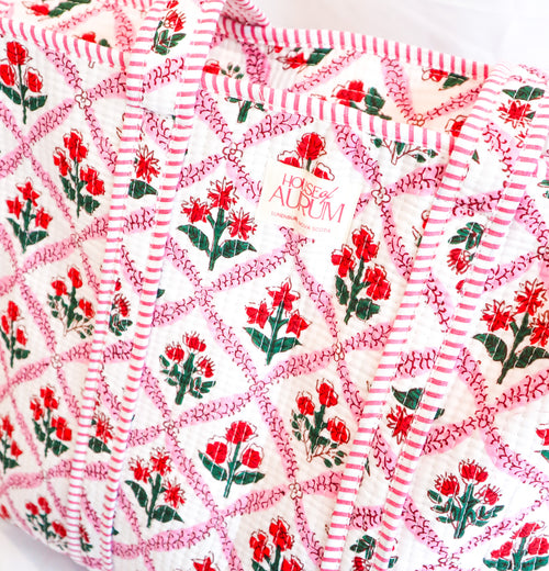 Cotton Quilted Tote- Pink Floral Mosaic