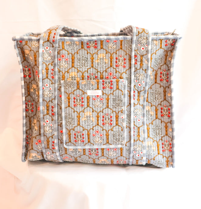 Cotton Quilted Tote- Sky Blue Mosiac