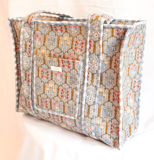 Cotton Quilted Tote- Sky Blue Mosiac