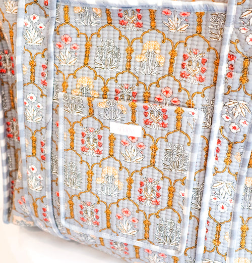 Cotton Quilted Tote- Sky Blue Mosiac
