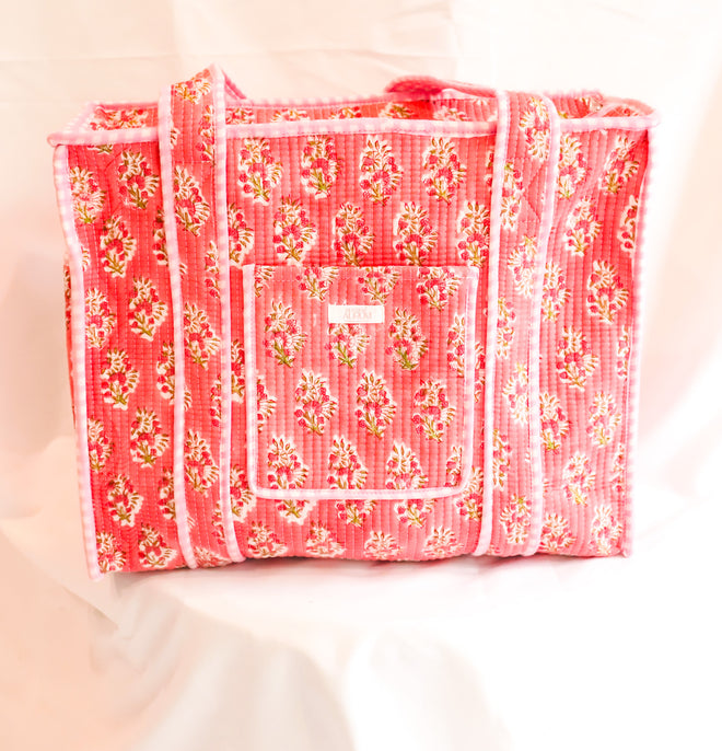 Cotton Quilted Tote- Pink Floral