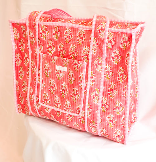 Cotton Quilted Tote- Pink Floral