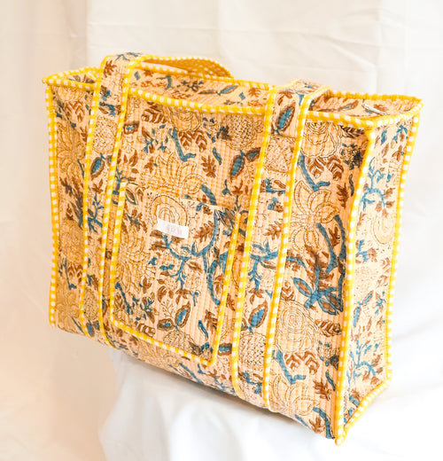 Cotton Quilted Tote-Yellow Floral