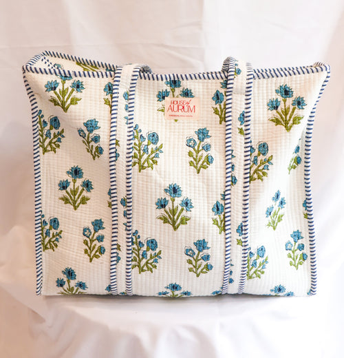 Cotton Quilted Tote- Blue Hydrangea