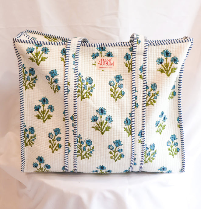 Cotton Quilted Tote- Blue Hydrangea