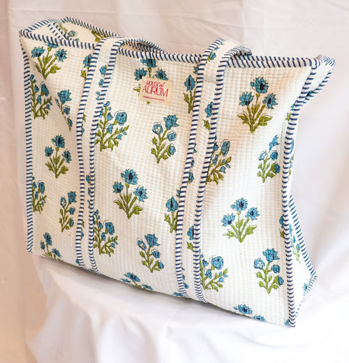 Cotton Quilted Tote- Blue Hydrangea