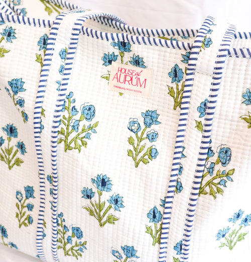 Cotton Quilted Tote- Blue Hydrangea