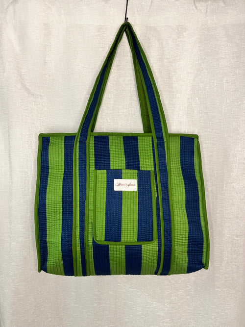 GREEN BLUE STRIPE TOTE