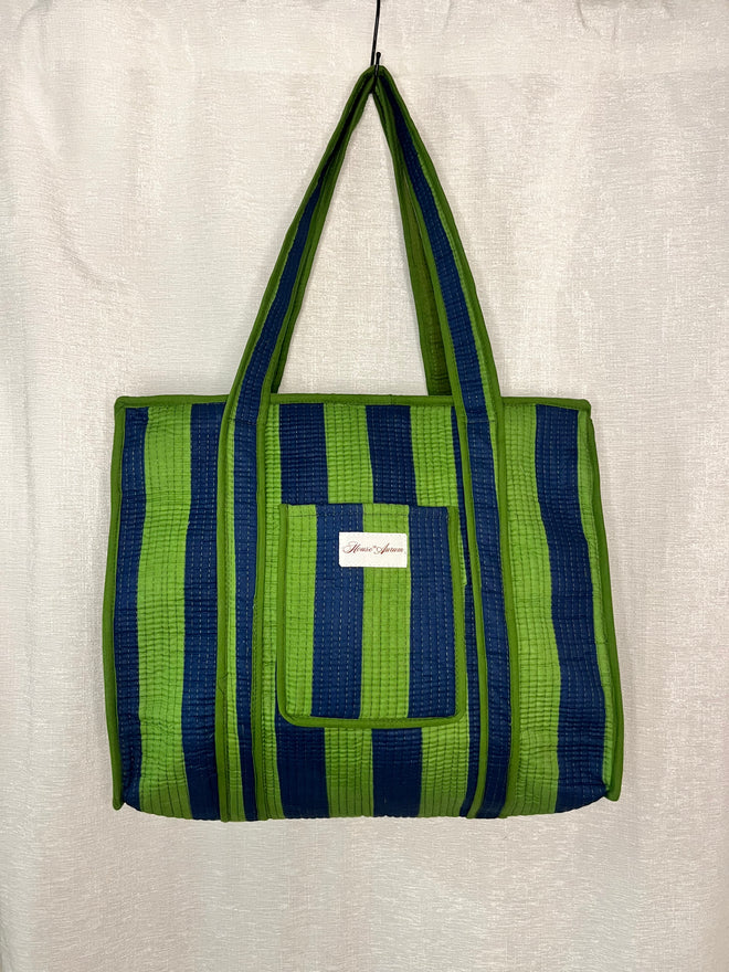 GREEN BLUE STRIPE TOTE
