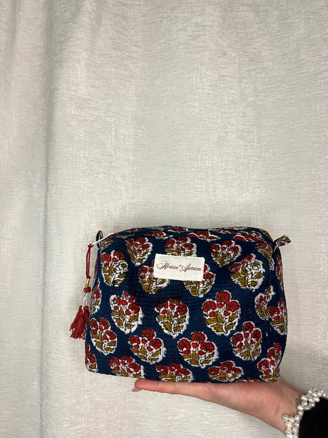 NAVY RED FLOWER COSMETIC CASE