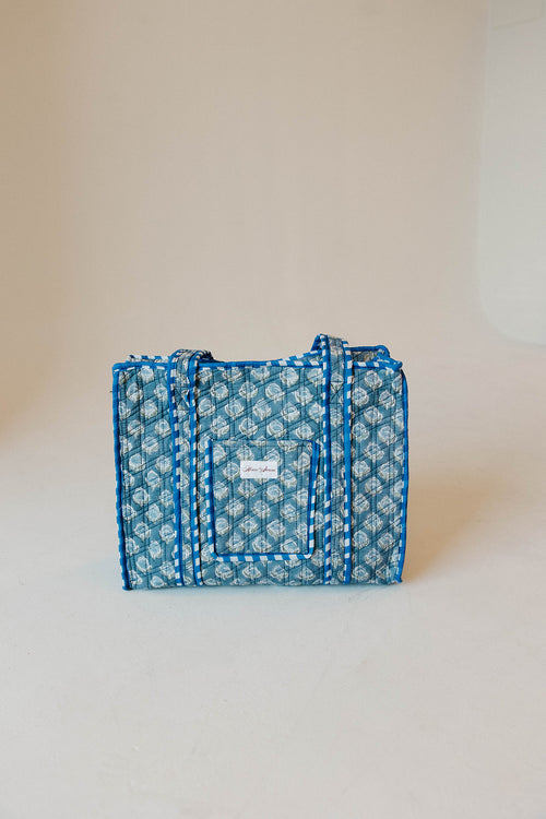 Diamond Quilted Tote- Sea Blue Floral