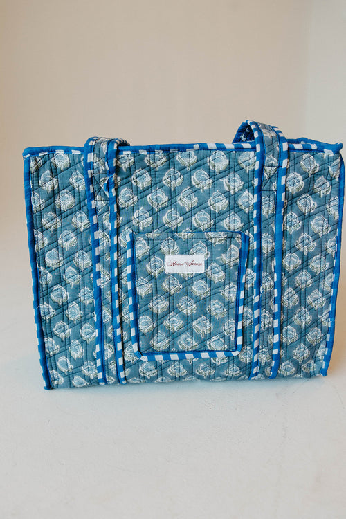 Diamond Quilted Tote- Sea Blue Floral