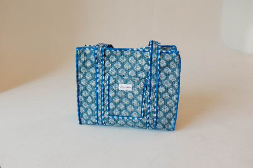 Diamond Quilted Tote- Sea Blue Floral