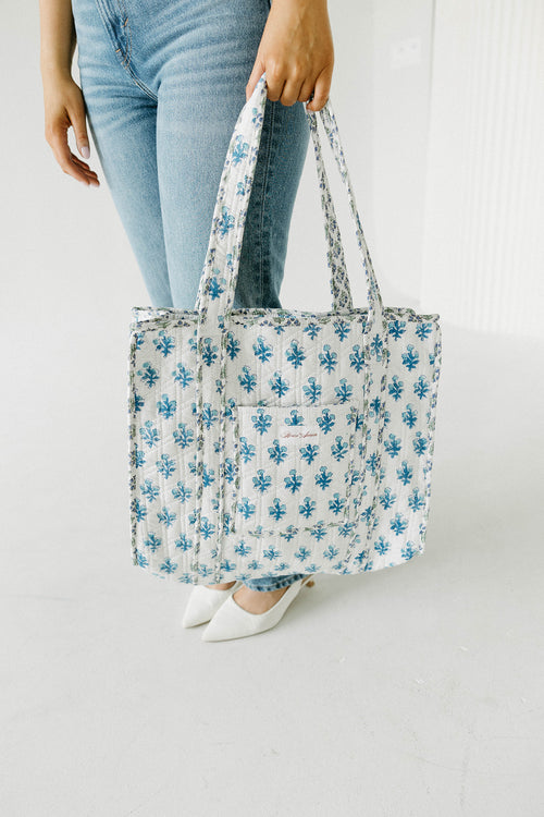 Diamond Quilted Tote- White Floral