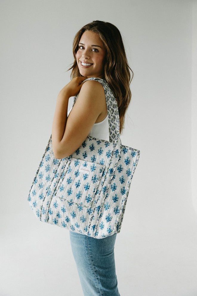 Diamond Quilted Tote- White Floral