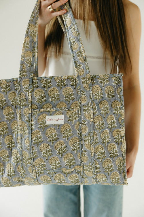 Diamond Quilted Tote- Sky Beige Floral