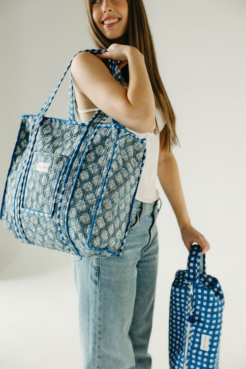 Diamond Quilted Tote- Sea Blue Floral