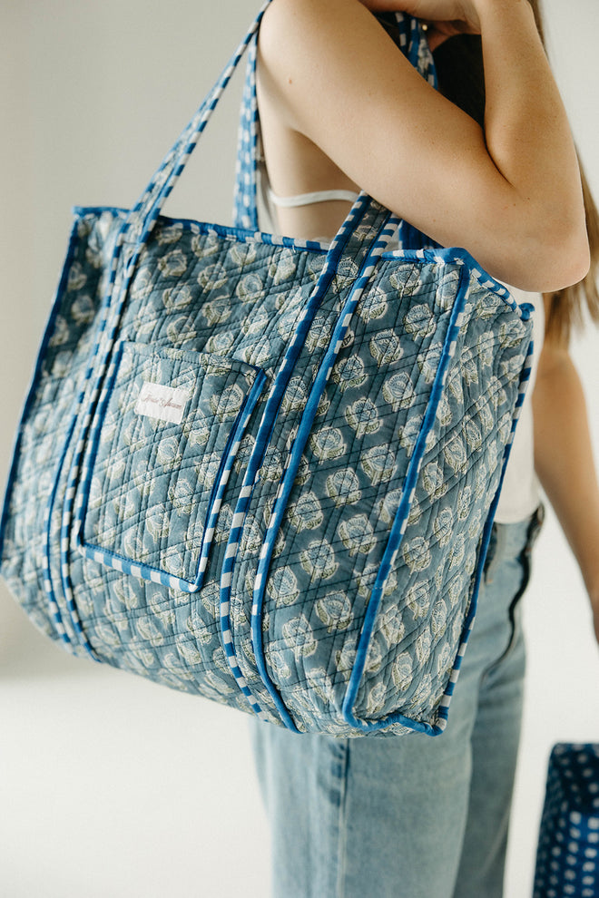 Diamond Quilted Tote- Sea Blue Floral