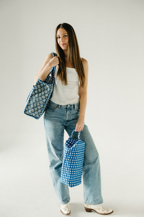 Diamond Quilted Tote- Sea Blue Floral