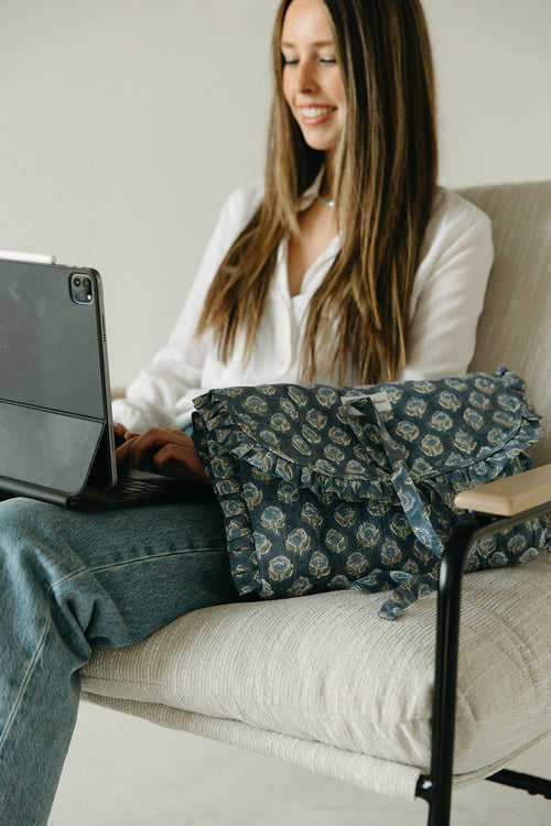 Quilted Ruffle Laptop Case- Sea Blue Floral