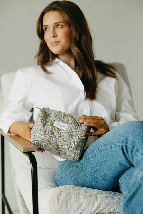 Quilted Cosmetic Case- Sky Beige Floral