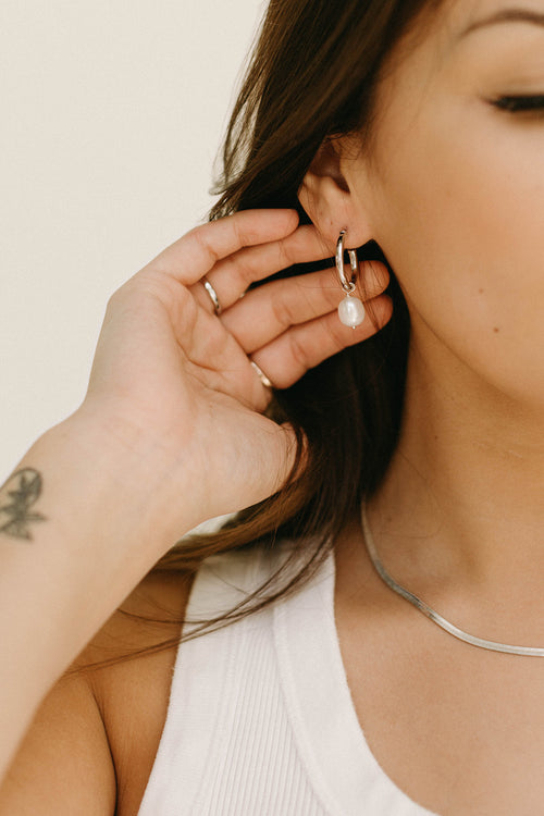 Lani- Silver Thin Pearl Drop Hoop